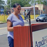 Andrea Campbell outside the Trotter K-8 earlier this week. (Photo: Rebeca Pereira)